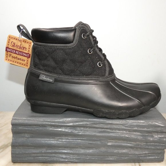 NiB Skechers Pond-Lil Puddles-Mid Quilted Lace Up Duck Boot 8 Black/Black - Picture 4 of 11